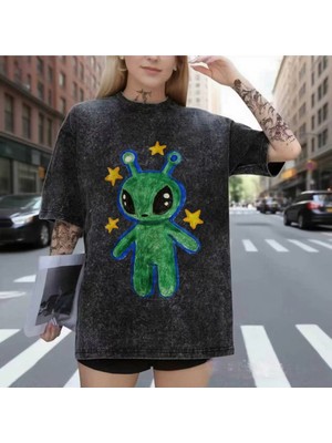 Touz Alien Baskılı Unisex Yıkamalı Vintage Oversize T-Shirt