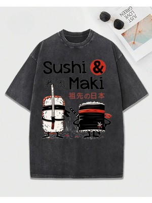 Touz Sushi Maki Baskılı Yıkamalı Vintage Unisex Oversize T-Shirt