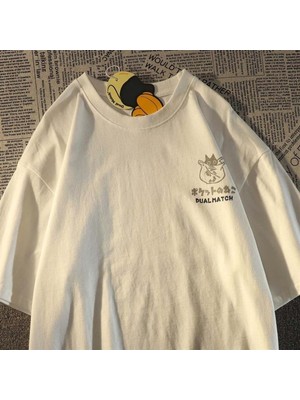 Touz Dual Match Cat Sırt Baskılı Beyaz Unisex Oversize T-Shirt