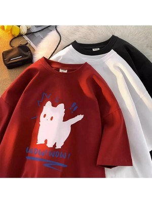 Touz Wow Cat Baskılı Kırmızı Unisex Oversize T-Shirt