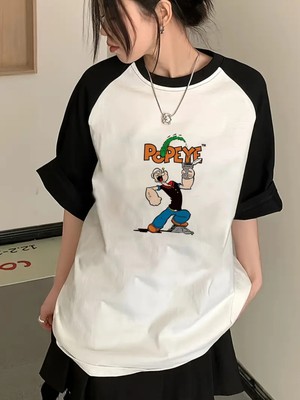 Touz Y2K Popeye Cartoon Beyaz Reglan Kol Oversize T-Shirt