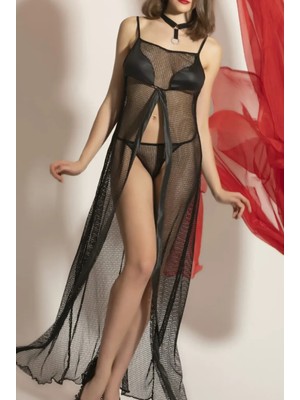 Allsisii Transparan Fileli Uzun Babydoll Takım,dantel Detaylı Gecelik,tanga,boyunluk 3'lü Set