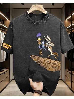 Touz Road Runner Baskılı Unisex Yıkamalı Vintage Oversize T-Shirt