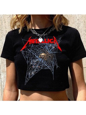 Touz Gothic Metallica Örümcek Ağı Kuru Kafa Baskılı Crop T-Shirt