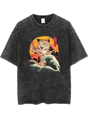 Touz Niiss Butik Yıkamalı Artist Cat Unisex Eskitme T-Shirt