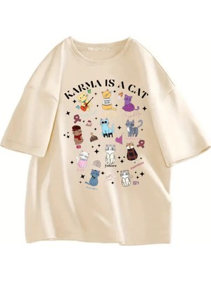 Touz Karma Is Cat Baskılı Unisex Oversize  T-Shirt