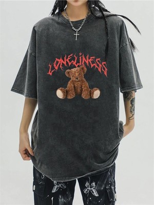 Touz Dompuleri Moda Yıkamalı 'loneliness' Bear Unisex Eskitme T-Shirt