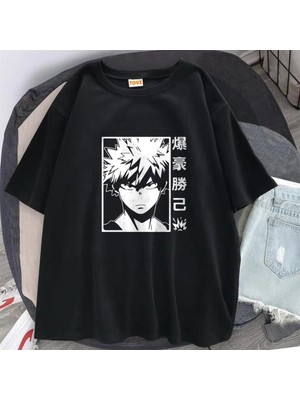 Touz Anime Bakugou Baskılı Siyah Unisex Oversize T-Shirt