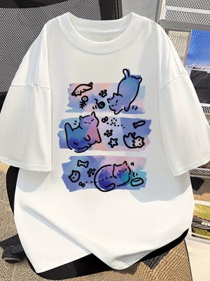 Touz Sky Cat Baskılı Unisex Oversize T-Shirt