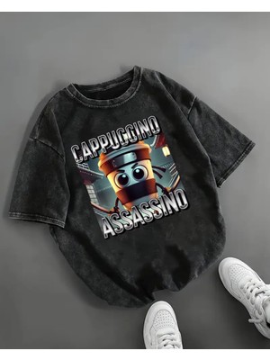 Touz Tung Tung Tung Sahur Cappucino Assassino Baskılı Yıkamalı Vintage Unisex Oversize T-Shirt