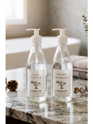 JUNIBELIW 2li Set Beyaz Boş Şeffaf Cam Şişe Bulaşık Deterjanlık Sıvı Sabunluk 2X330ML