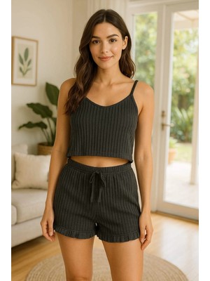 Aesco Crop Takım - Askılı Crop Takım Likralı Siyah (S)