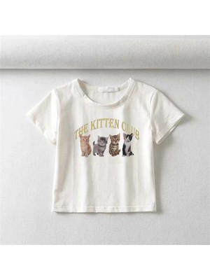 Touz The Kitten Club Baskılı Beyaz Crop