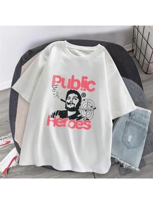 Touz Eyl Public Heroes Baskılı Beyaz Unisex Oversize T-Shirt