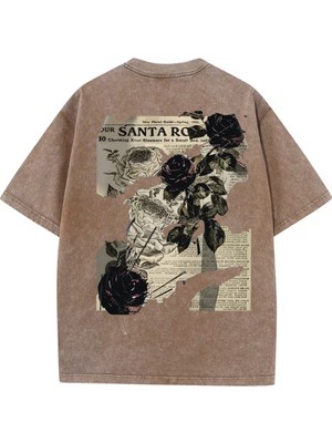 Touz Yıkamalı Streetwear Rose Baskılı Unisex Oversize Vintage T-Shirt