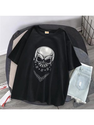 Touz Gang Skull Baskılı Siyah Unisex Oversize T-Shirt