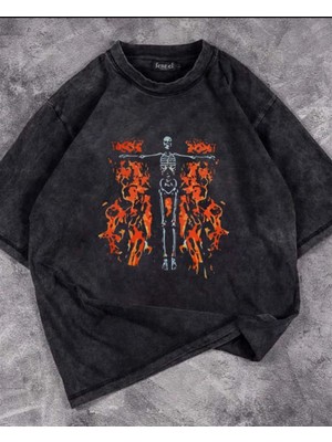 Touz Yıkamalı Flaming Skeleton Baskılı Unisex Oversize Vintage Eskitme T-Shirt