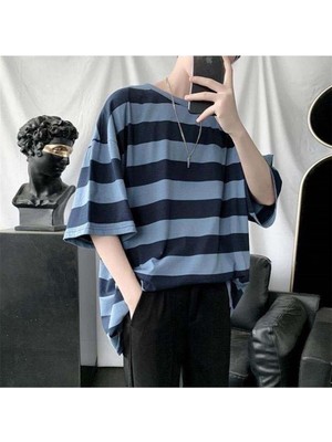 Touz Mavi Siyah Çizgili Unisex Oversize T-Shirt