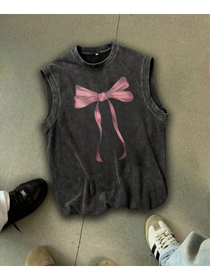 Touz Sırt Baskılı Fiyonk Yıkamalı Oversize Vintage Tshirt