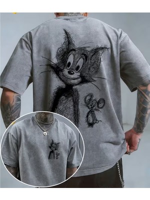 Touz Tom And Jerry Baskılı Unisex Yıkamalı Vintage Oversize T-Shirt