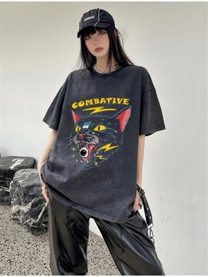 Touz Yıkamalı Combative Cat Baskılı Unisex Oversize Eskitme T-Shirt