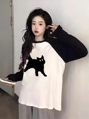 Touz Black Cat Reglan Uzun Kollu Baskılı Beyaz T-Shirt