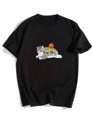 Touz Cats & Orange Siyah Unisex Oversize T-Shirt