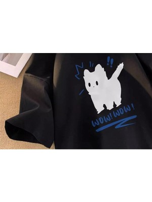 Touz Wow Cat Baskılı Siyah Unisex Oversize T-Shirt