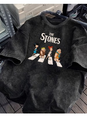 Touz The Stones Baskılı Yıkamalı Vintage Unisex Oversize T-Shirt
