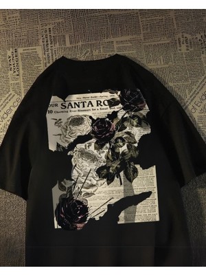 Touz Yıkamalı Streetwear Rose Baskılı Unisex Oversize Vintage T-Shirt