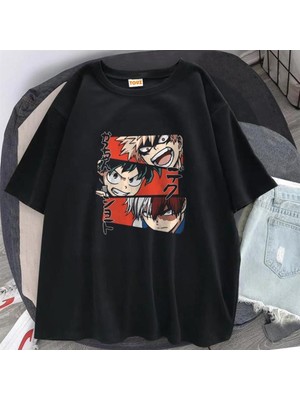 Touz My Hero Academia Collage Baskılı Siyah Unisex Oversize T-Shirt