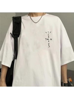 Touz Cactus Jack Baskılı Beyaz Unisex Oversize T-Shirt