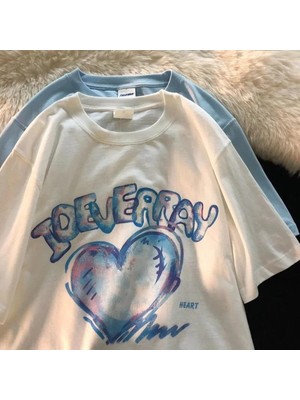 Touz Heart Baskılı Beyaz Unisex Oversize T-Shirt