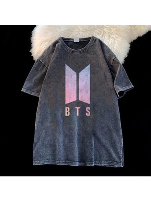 Touz Niiss Butik Yıkamalı Bts Logo Unisex Eskitme T-Shirt