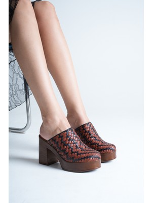 Analin Shoes Kadın Hakiki Deri Platform Topuklu Örgülü Terlik