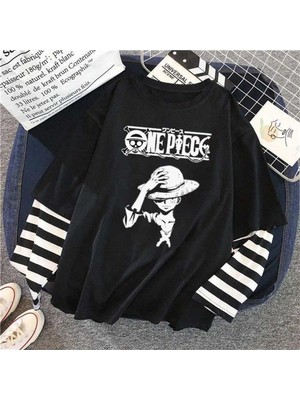 Touz One Piece Baskılı Fake Sleeves Unisex Siyah T-Shirt