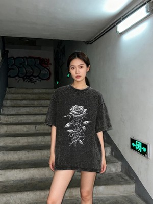 Touz Gothic Rose Baskılı Yıkamalı Vintage Unisex Oversize T-Shirt