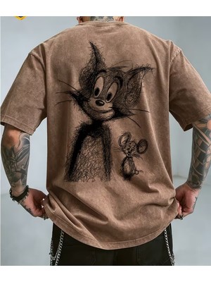 Touz Tom And Jerry Baskılı Unisex Yıkamalı Vintage Oversize T-Shirt