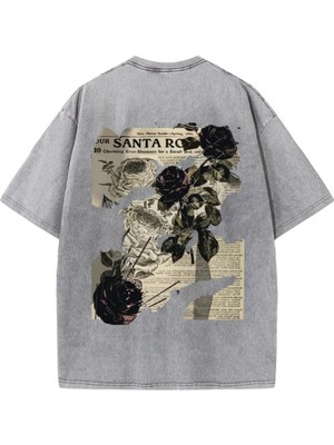 Touz Yıkamalı Streetwear Rose Baskılı Unisex Oversize Vintage T-Shirt