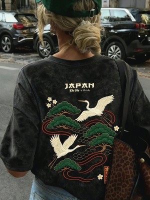 Touz Japan Life Baskılı Yıkamalı Vintage Unisex Oversize T-Shirt