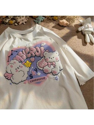 Touz Harajuku Cute Beyaz Unisex Oversize T-Shirt