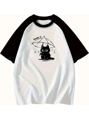 Touz Y2K Cartoon Black Cat & Umbrella Beyaz Reglan Kol Oversize T-Shirt