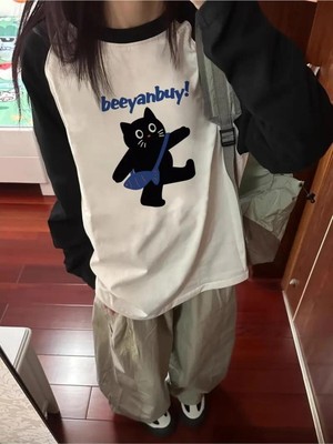 Touz Black Cat Reglan Uzun Kollu Baskılı Beyaz T-Shirt