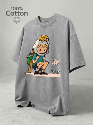 Touz Adventure Time Baskılı Yıkamalı Vintage Unisex Oversize T-Shirt
