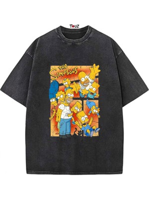 Touz Vintage The Simpsons Baskılı Yıkamalı Retro Unisex Oversize T-Shirt