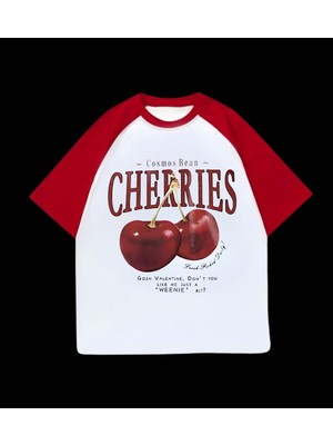 Touz Beyaz Cherrıes Baskılı Oversize T-Shirt