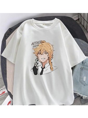 Touz Eysa Genshin Impact Aether Baskılı Beyaz Unisex Oversize T-Shirt