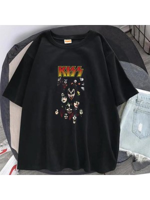 Touz Rock Serisi Kiss Rock Band Siyah Unisex Oversize T-Shirt