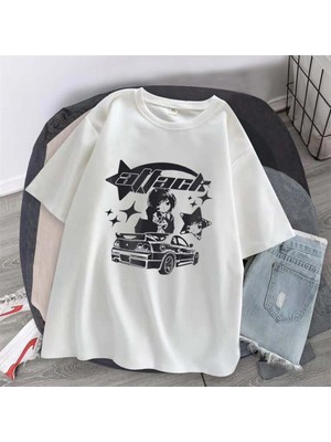 Touz Killer Girl & Car Baskılı Beyaz Unisex Oversize T-Shirt