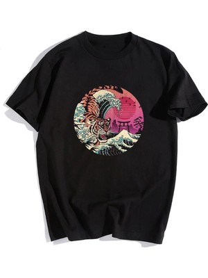 Touz Votınıty Hokusai Tiger Siyah Unisex Oversize T-Shirt